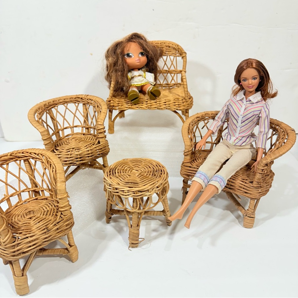 Vintage 5 pcs Wicker Rattan Sofas Chairs & Table Doll Furniture Set Pretend Play